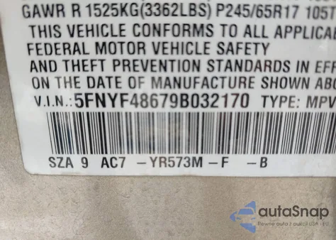 2009 Honda Pilot Ex-L из США, поврежденный, VIN 5FNYF48679B032170